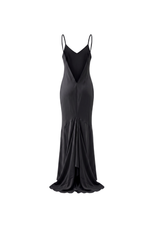 Vikki Maxi Dress by VKELLER in Black Carbon. 100% silk maxi dress with low back and flowing bias-cut silhouette. Designed in Paris, handcrafted in Portugal. #carbon