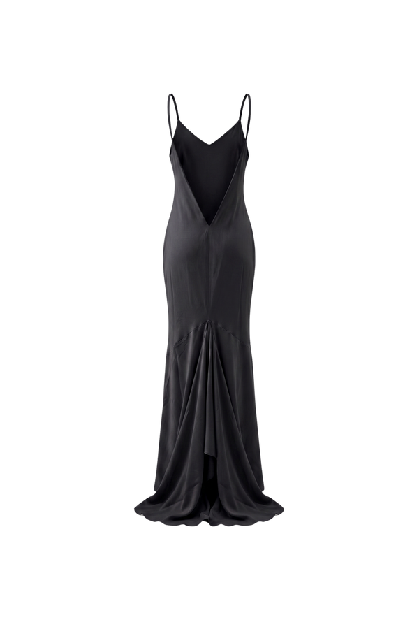 Vikki Maxi Dress by VKELLER in Black Carbon. 100% silk maxi dress with low back and flowing bias-cut silhouette. Designed in Paris, handcrafted in Portugal. #carbon