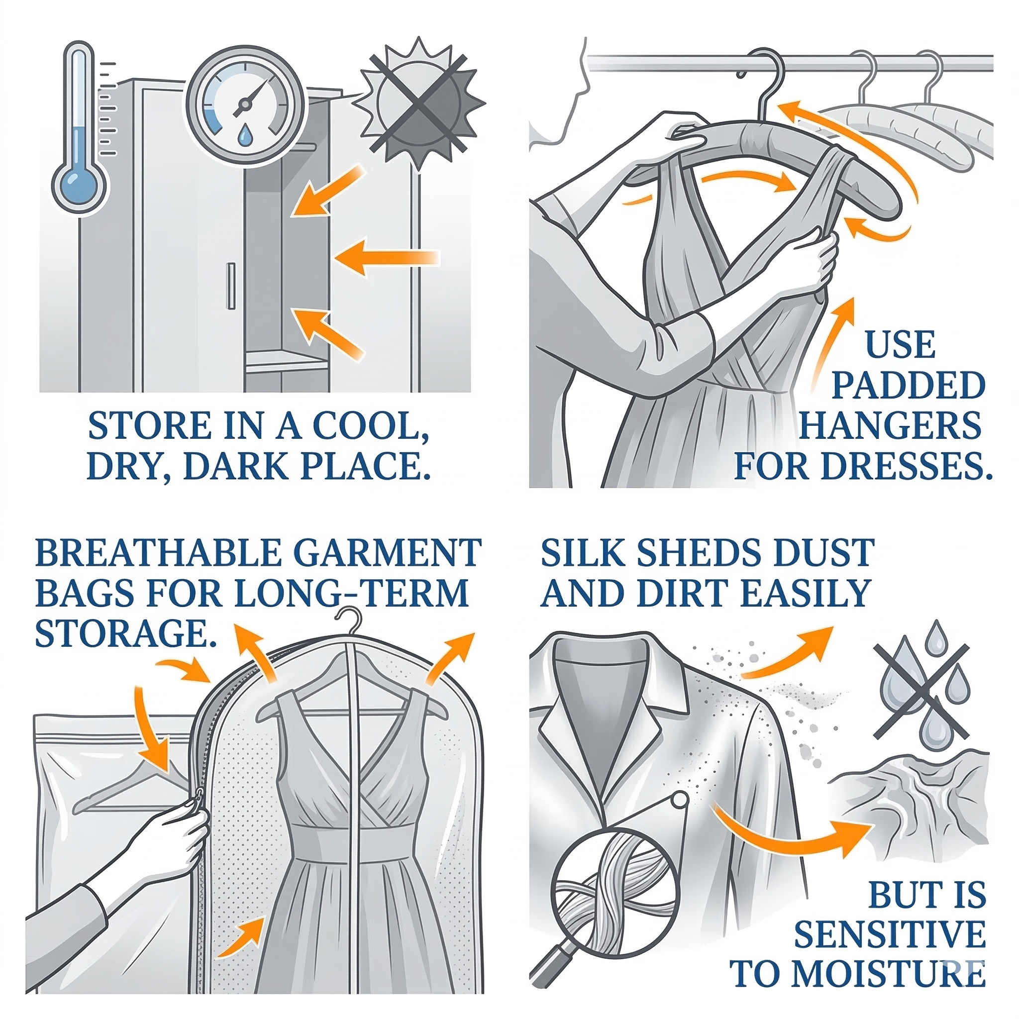Illustration of silk care tips including storage, hanger use, and handling.