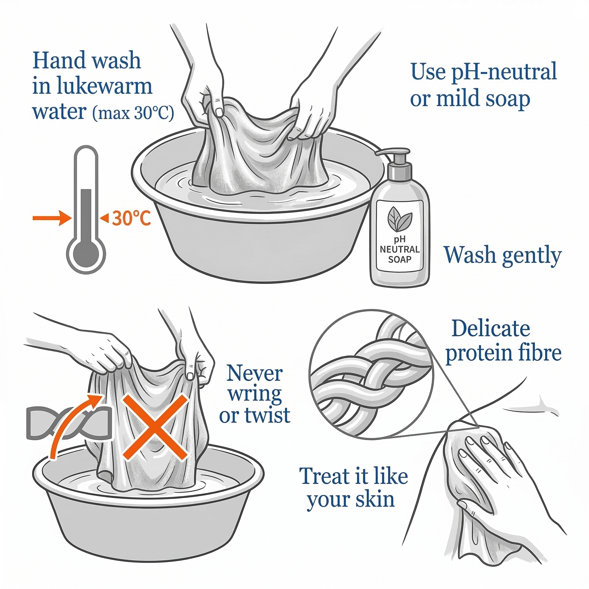 Illustration of silk fabric care instructions with text and icons.