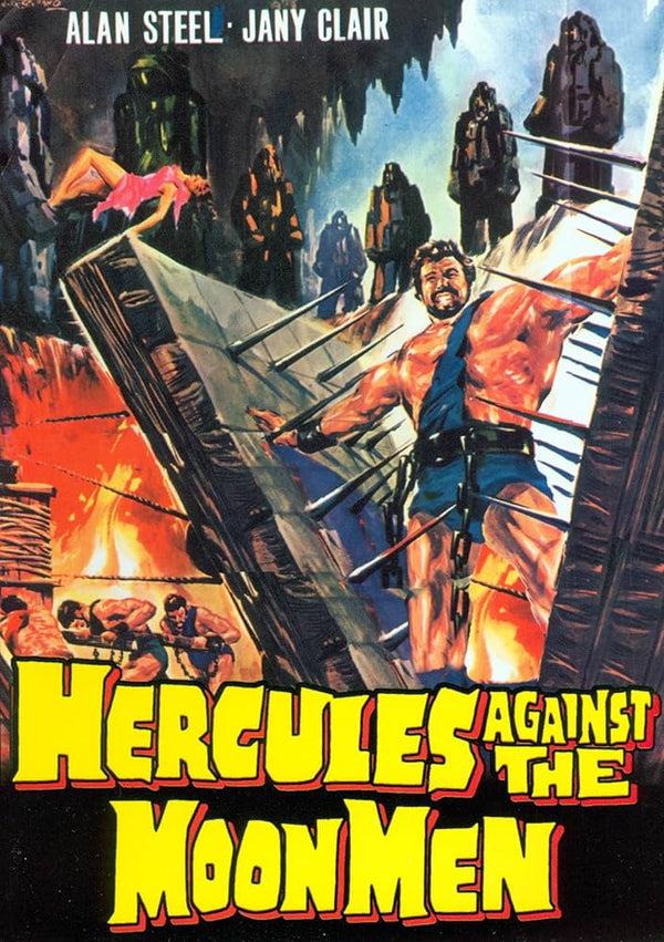 Vintage movie poster for 'Hercules Against the Moon Men' featuring a muscular man and alien figures.
