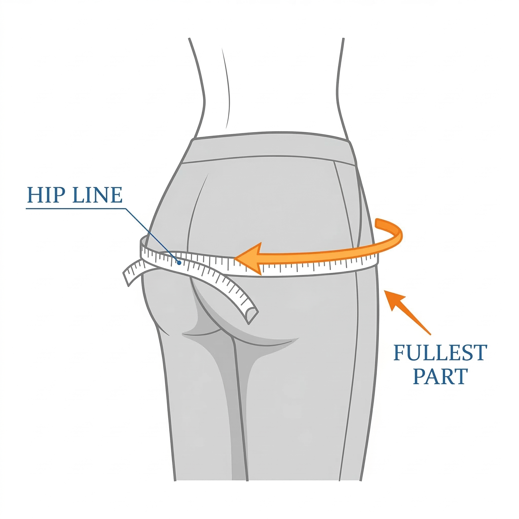 Diagram showing how to measure hip circumference with a tape measure.