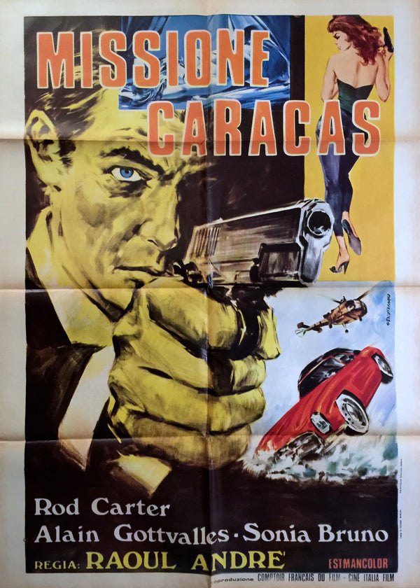 Vintage movie poster for 'Missione Caracas' featuring a man with a gun, a woman, and a car.