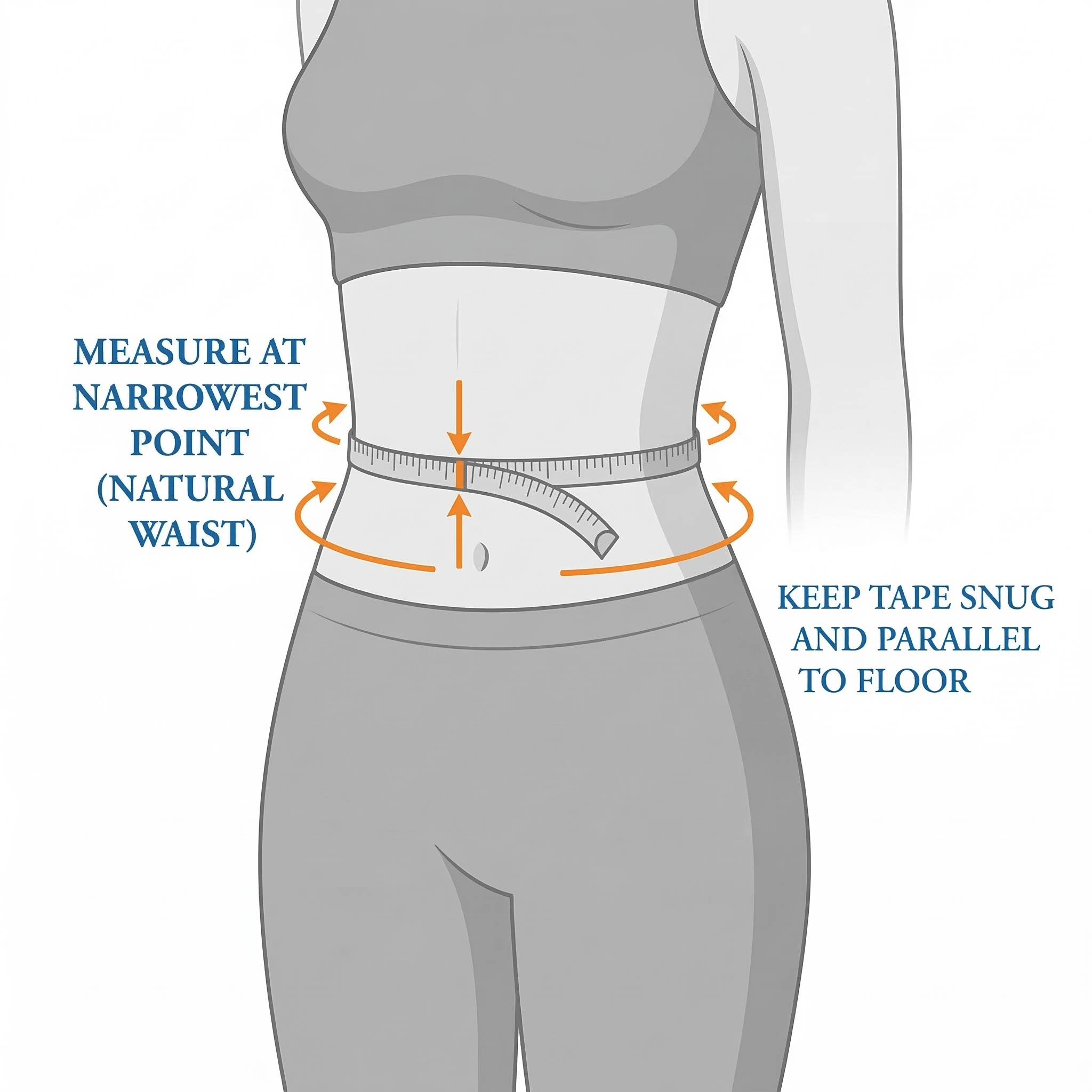 Diagram showing how to measure waist with tape measure on a person wearing a gray top and pants.