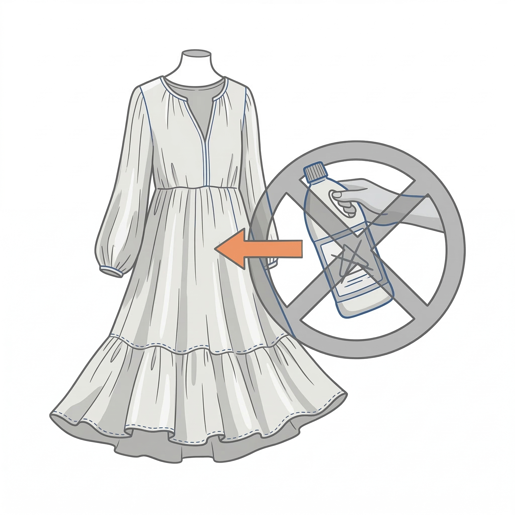 White dress on a mannequin with a bottle of detergent crossed out, indicating no bleaching.