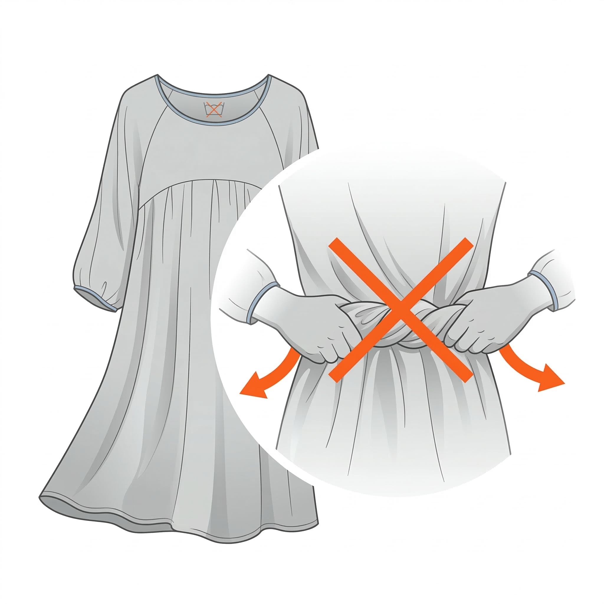 Gray dress with a close-up of hands wringing the waistband on a white background