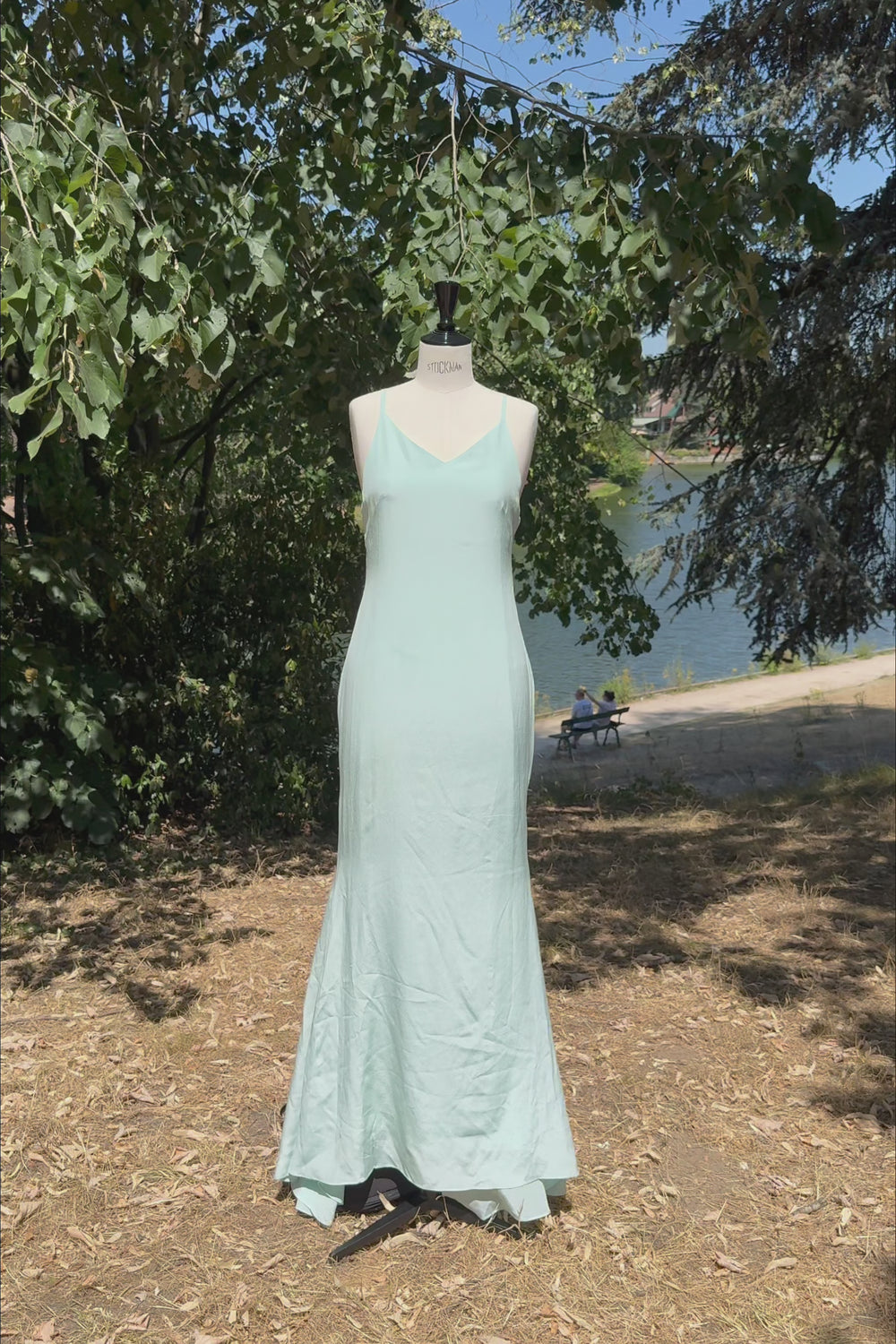 VKELLER Vikki Soothing Sea silk maxi dress, shown outdoors.