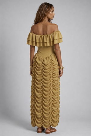 Ruth Maxi Dress by VKELLER in Beige Barley. 100% silk off-shoulder maxi dress with gathered bodice and flowing skirt. Designed in Paris, handcrafted in Portugal. #barley