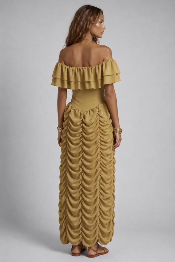 Ruth Maxi Dress by VKELLER in Beige Barley. 100% silk off-shoulder maxi dress with gathered bodice and flowing skirt. Designed in Paris, handcrafted in Portugal. #barley