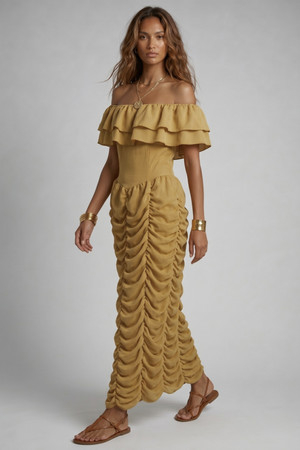 Ruth Maxi Dress by VKELLER in Beige Barley. 100% silk off-shoulder maxi dress with gathered bodice and flowing skirt. Designed in Paris, handcrafted in Portugal. #barley