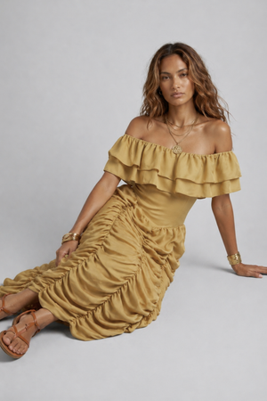 Ruth Maxi Dress by VKELLER in Beige Barley. 100% silk off-shoulder maxi dress with gathered bodice and flowing skirt. Designed in Paris, handcrafted in Portugal. #barley