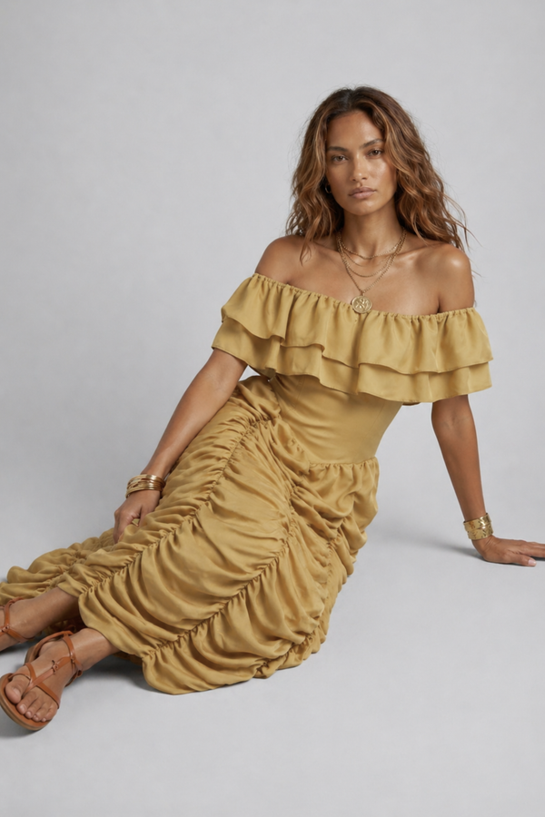 Ruth Maxi Dress by VKELLER in Beige Barley. 100% silk off-shoulder maxi dress with gathered bodice and flowing skirt. Designed in Paris, handcrafted in Portugal. #barley