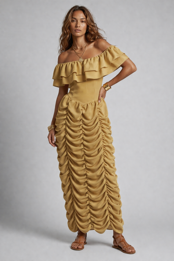 Ruth Maxi Dress by VKELLER in Beige Barley. 100% silk off-shoulder maxi dress with gathered bodice and flowing skirt. Designed in Paris, handcrafted in Portugal. #barley