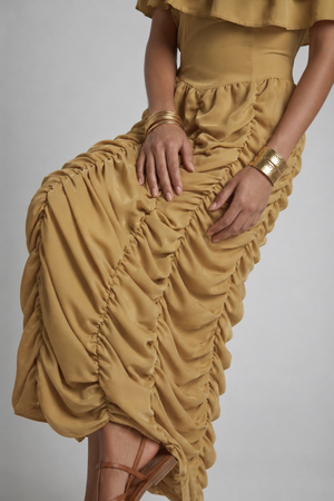 Ruth Maxi Dress by VKELLER in Beige Barley. 100% silk off-shoulder maxi dress with gathered bodice and flowing skirt. Designed in Paris, handcrafted in Portugal. #barley
