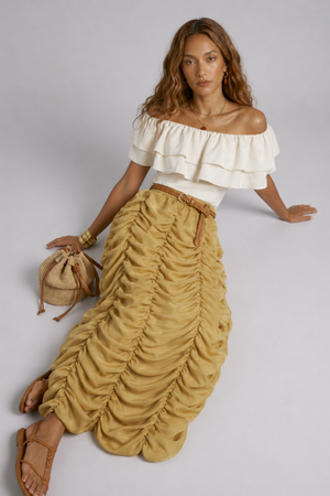 Ruth Skirt by VKELLER in Beige Barley. 100% silk skirt, gathered with a flowing drape. Designed in Paris, handcrafted in Portugal. #barley