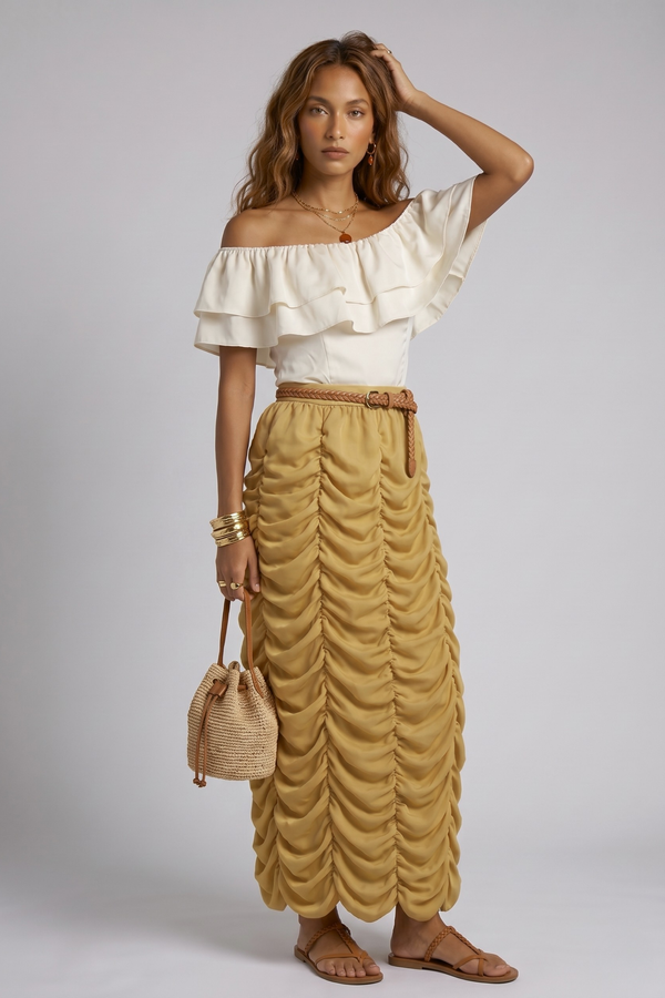 Ruth Skirt by VKELLER in Beige Barley. 100% silk skirt, gathered with a flowing drape. Designed in Paris, handcrafted in Portugal. #barley