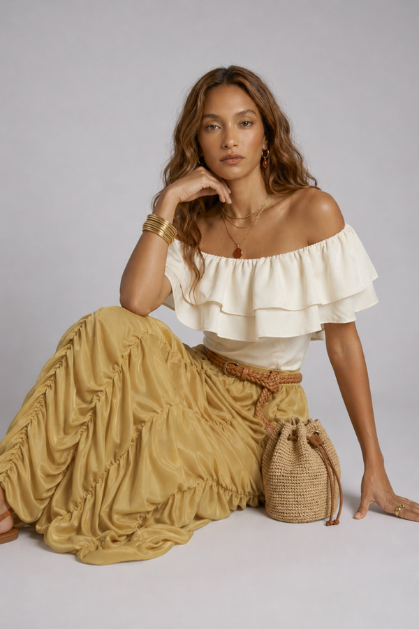 Ruth Skirt by VKELLER in Beige Barley. 100% silk skirt, gathered with a flowing drape. Designed in Paris, handcrafted in Portugal. #barley