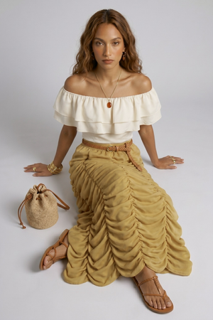 Ruth Skirt by VKELLER in Beige Barley. 100% silk skirt, gathered with a flowing drape. Designed in Paris, handcrafted in Portugal. #barley