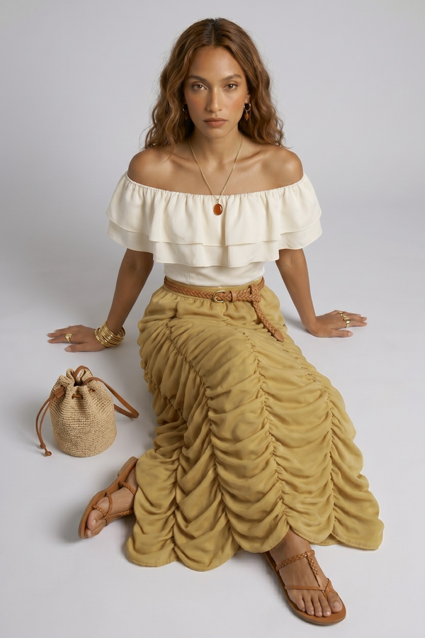 Ruth Skirt by VKELLER in Beige Barley. 100% silk skirt, gathered with a flowing drape. Designed in Paris, handcrafted in Portugal. #barley