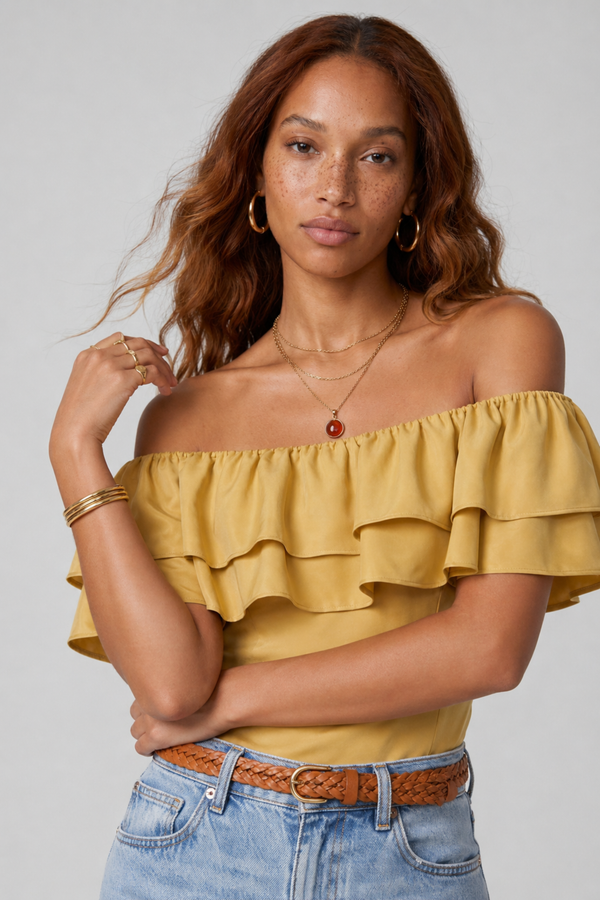 Ruth Top by VKELLER in Beige Barley. 100% silk off-shoulder top with gathered neckline and ruffled detail. Designed in Paris, handcrafted in Portugal. #barley