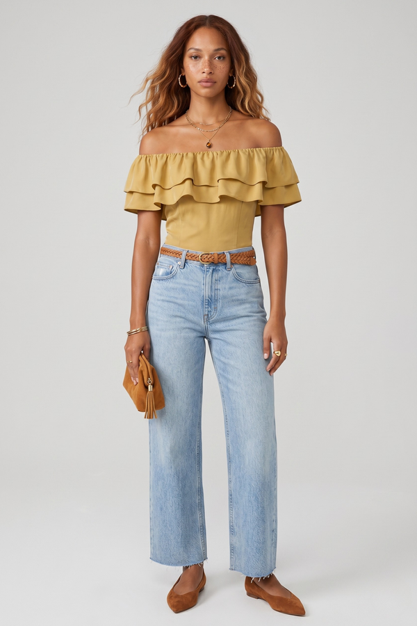 Ruth Top by VKELLER in Beige Barley. 100% silk off-shoulder top with gathered neckline and ruffled detail. Designed in Paris, handcrafted in Portugal. #barley