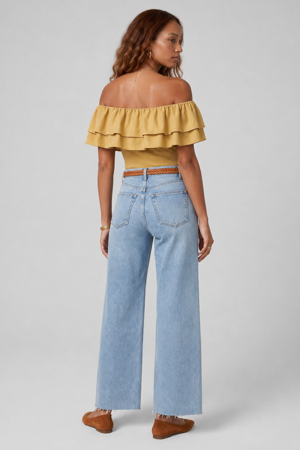 Ruth Top by VKELLER in Beige Barley. 100% silk off-shoulder top with gathered neckline and ruffled detail. Designed in Paris, handcrafted in Portugal. #barley