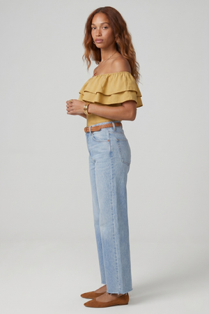 Ruth Top by VKELLER in Beige Barley. 100% silk off-shoulder top with gathered neckline and ruffled detail. Designed in Paris, handcrafted in Portugal. #barley