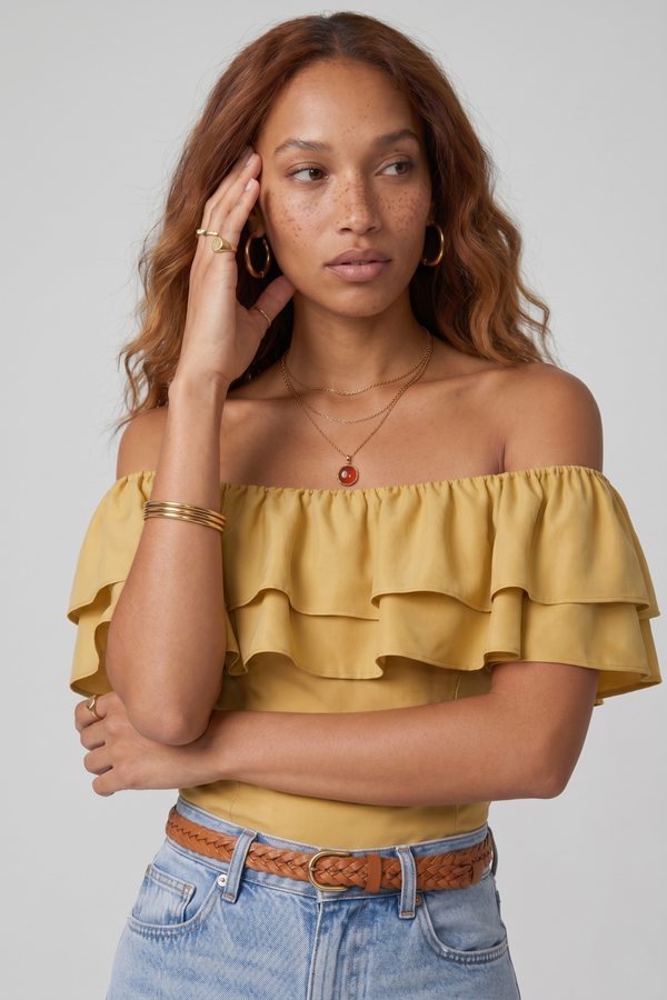 Ruth Top by VKELLER in Beige Barley. 100% silk off-shoulder top with gathered neckline and ruffled detail. Designed in Paris, handcrafted in Portugal. #barley