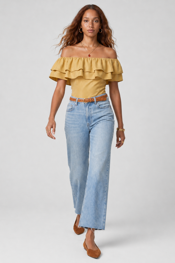 Ruth Top by VKELLER in Beige Barley. 100% silk off-shoulder top with gathered neckline and ruffled detail. Designed in Paris, handcrafted in Portugal. #barley