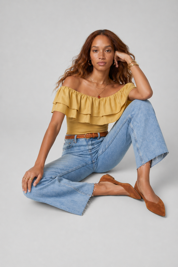 Ruth Top by VKELLER in Beige Barley. 100% silk off-shoulder top with gathered neckline and ruffled detail. Designed in Paris, handcrafted in Portugal. #barley
