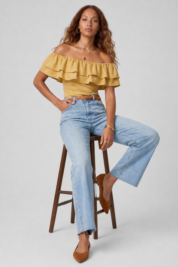Ruth Top by VKELLER in Beige Barley. 100% silk off-shoulder top with gathered neckline and ruffled detail. Designed in Paris, handcrafted in Portugal. #barley