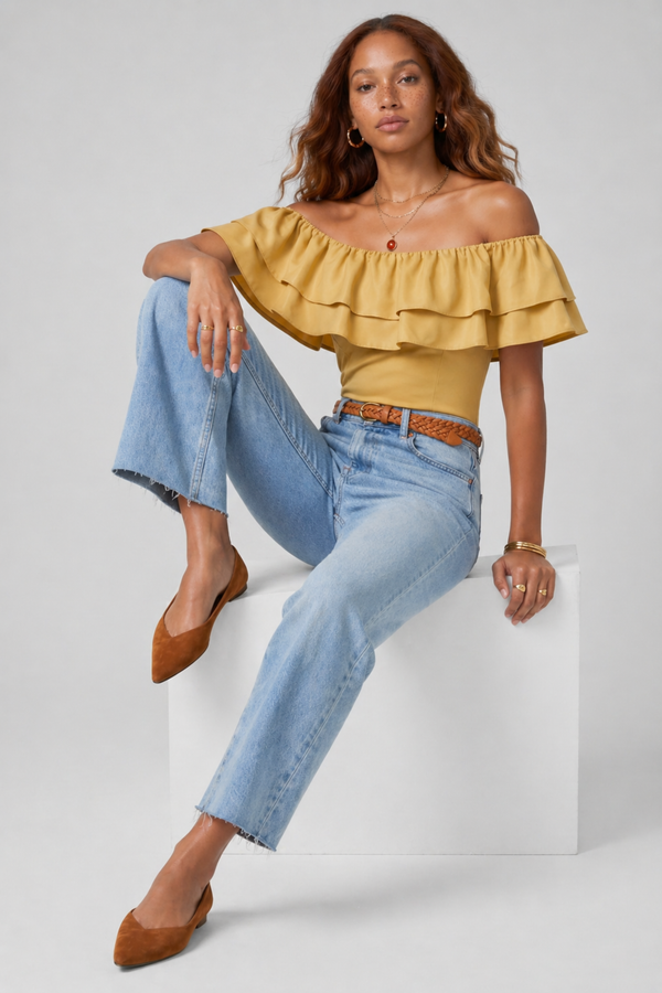 Ruth Top by VKELLER in Beige Barley. 100% silk off-shoulder top with gathered neckline and ruffled detail. Designed in Paris, handcrafted in Portugal. #barley