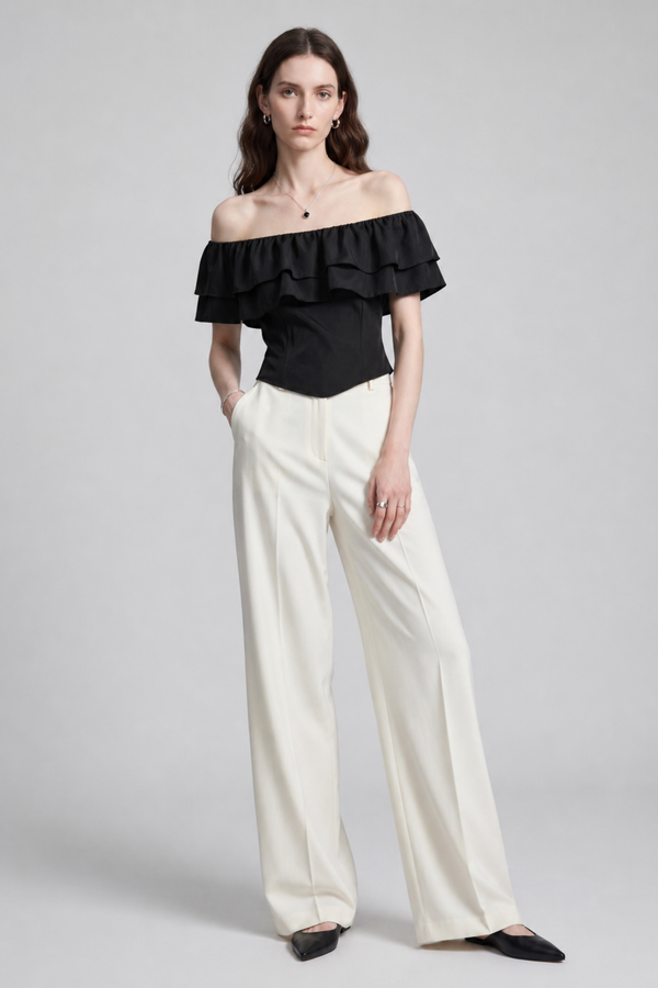 Ruth Top by VKELLER in Black Carbon. 100% silk off-shoulder top with gathered neckline and ruffled detail. Designed in Paris, handcrafted in Portugal. #carbon