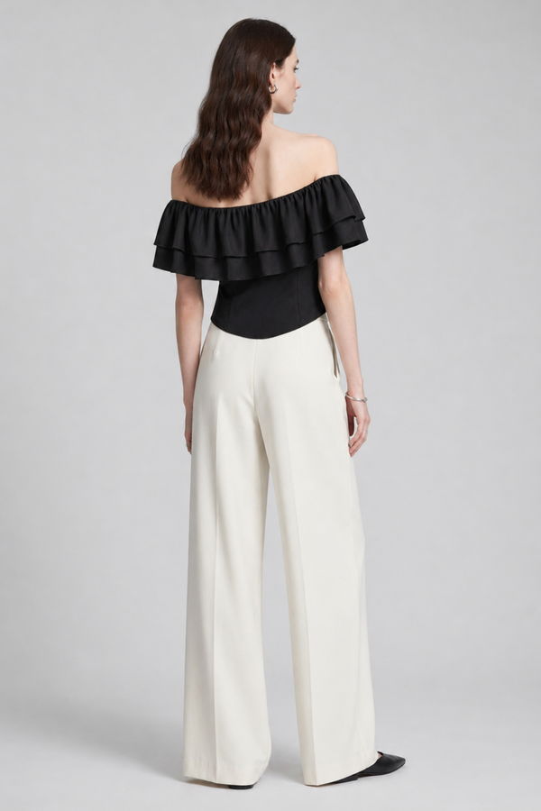 Ruth Top by VKELLER in Black Carbon. 100% silk off-shoulder top with gathered neckline and ruffled detail. Designed in Paris, handcrafted in Portugal. #carbon
