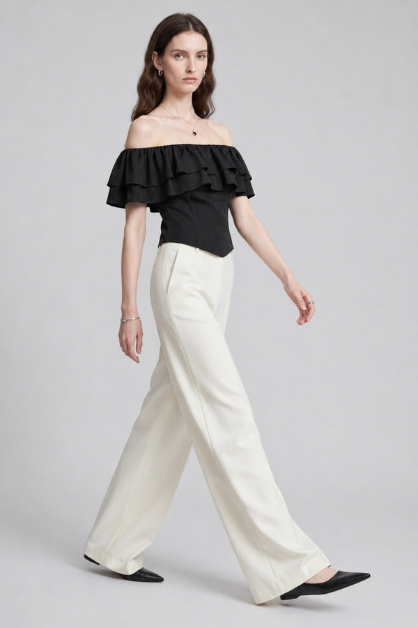 Ruth Top by VKELLER in Black Carbon. 100% silk off-shoulder top with gathered neckline and ruffled detail. Designed in Paris, handcrafted in Portugal. #carbon