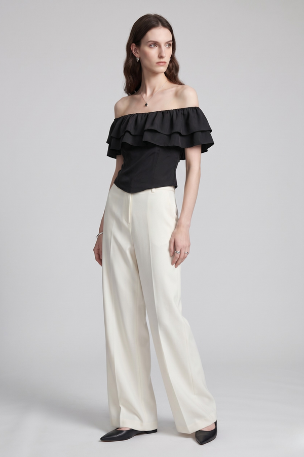 Ruth Top by VKELLER in Black Carbon. 100% silk off-shoulder top with gathered neckline and ruffled detail. Designed in Paris, handcrafted in Portugal. #carbon