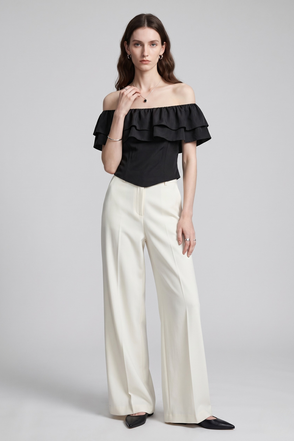 Ruth Top by VKELLER in Black Carbon. 100% silk off-shoulder top with gathered neckline and ruffled detail. Designed in Paris, handcrafted in Portugal. #carbon