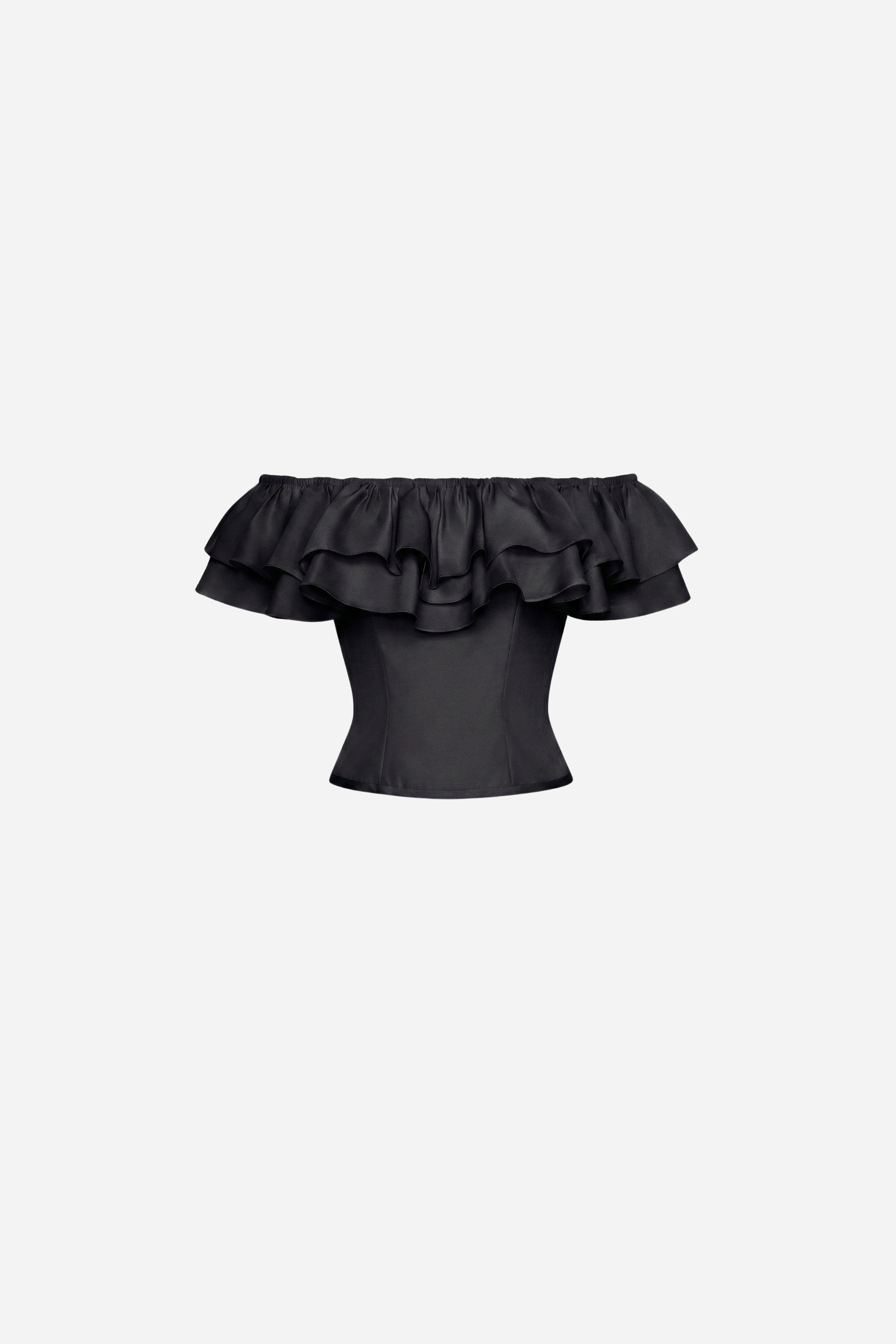 Ruth Top by VKELLER in Carbon — 100% silk off-shoulder top with gathered neckline and ruffled detail. Designed in Paris, hand-finished in Portugal. #carbon
