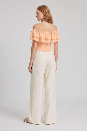 Ruth Top by VKELLER in Orange Peach. 100% silk off-shoulder top with gathered neckline and ruffled detail. Designed in Paris, handcrafted in Portugal. #peach