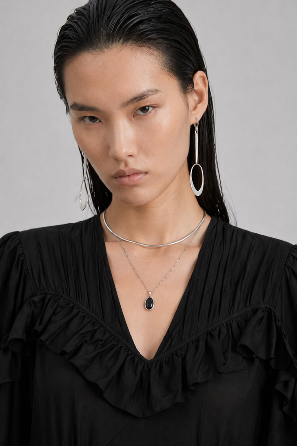 Samara Maxi Dress by VKELLER in Black Carbon. 100% silk bohemian maxi dress with ruffled long sleeves and gathered neckline. Designed in Paris, handcrafted in Portugal. #carbon