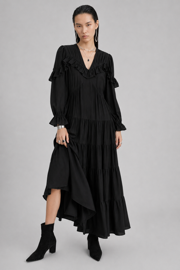 Samara Maxi Dress by VKELLER in Black Carbon. 100% silk bohemian maxi dress with ruffled long sleeves and gathered neckline. Designed in Paris, handcrafted in Portugal. #carbon