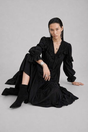 Samara Maxi Dress by VKELLER in Black Carbon. 100% silk bohemian maxi dress with ruffled long sleeves and gathered neckline. Designed in Paris, handcrafted in Portugal. #carbon