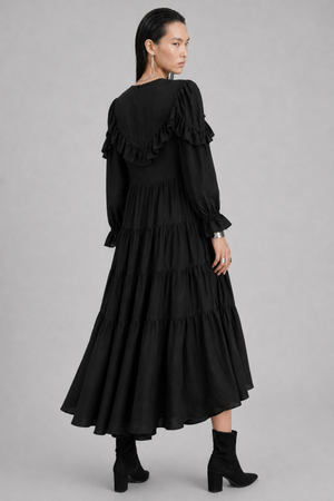 Samara Maxi Dress by VKELLER in Black Carbon. 100% silk bohemian maxi dress with ruffled long sleeves and gathered neckline. Designed in Paris, handcrafted in Portugal. #carbon
