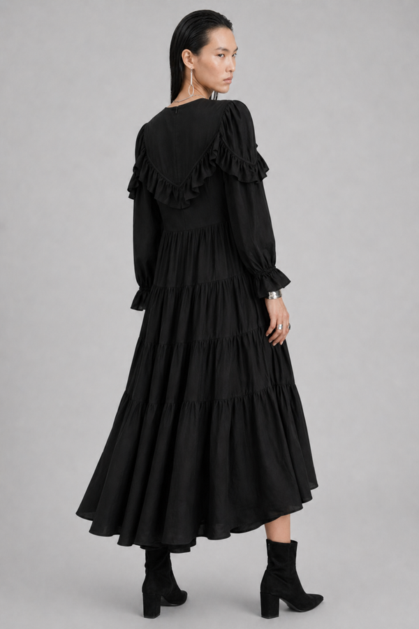 Samara Maxi Dress by VKELLER in Black Carbon. 100% silk bohemian maxi dress with ruffled long sleeves and gathered neckline. Designed in Paris, handcrafted in Portugal. #carbon
