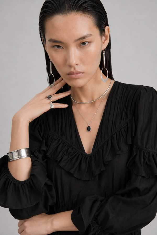 Samara Maxi Dress by VKELLER in Black Carbon. 100% silk bohemian maxi dress with ruffled long sleeves and gathered neckline. Designed in Paris, handcrafted in Portugal. #carbon