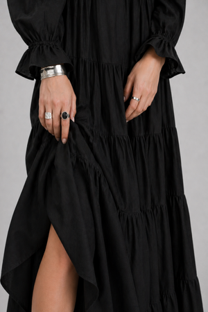 Samara Maxi Dress by VKELLER in Black Carbon. 100% silk bohemian maxi dress with ruffled long sleeves and gathered neckline. Designed in Paris, handcrafted in Portugal. #carbon