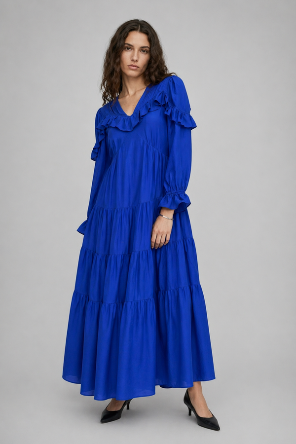 Samara Maxi Dress by VKELLER in Cobalt Blue. 100% silk bohemian maxi dress with ruffled long sleeves and gathered neckline. Designed in Paris, handcrafted in Portugal. #cobaltblue