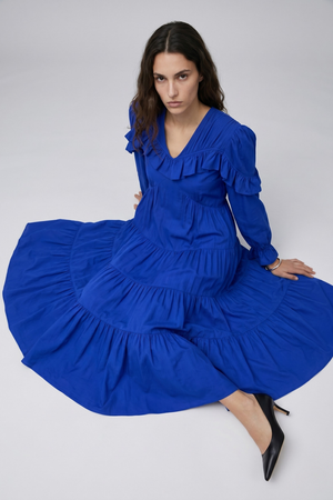 Samara Maxi Dress by VKELLER in Cobalt Blue. 100% silk bohemian maxi dress with ruffled long sleeves and gathered neckline. Designed in Paris, handcrafted in Portugal. #cobaltblue