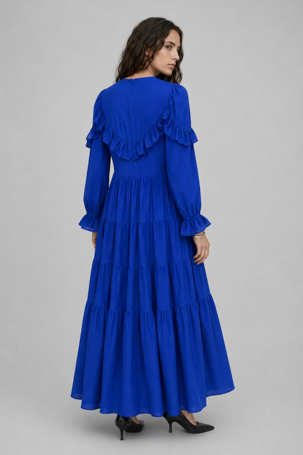 Samara Maxi Dress by VKELLER in Cobalt Blue. 100% silk bohemian maxi dress with ruffled long sleeves and gathered neckline. Designed in Paris, handcrafted in Portugal. #cobaltblue