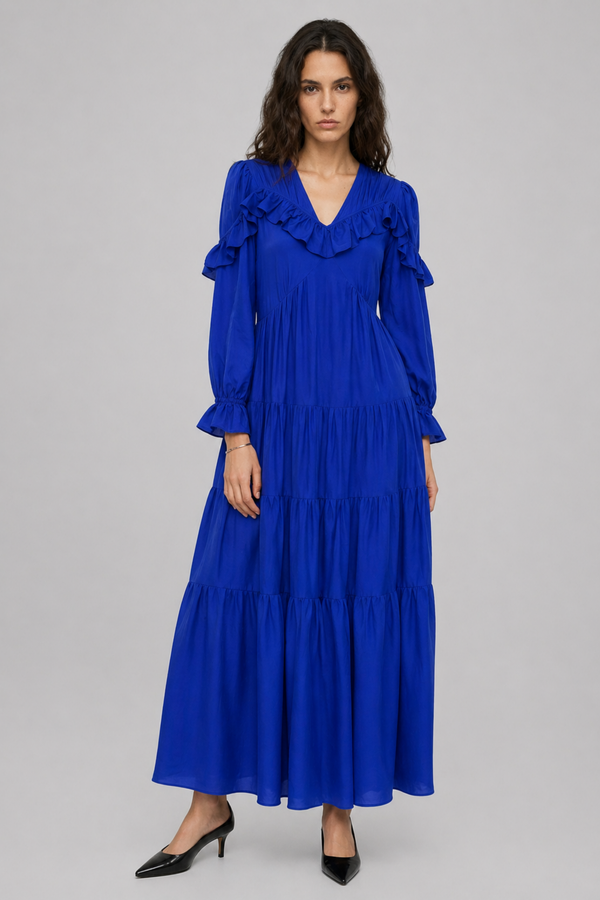 Samara Maxi Dress by VKELLER in Cobalt Blue. 100% silk bohemian maxi dress with ruffled long sleeves and gathered neckline. Designed in Paris, handcrafted in Portugal. #cobaltblue
